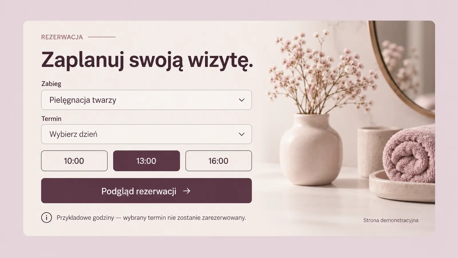 Projekt szablonu Klasyczny dla gabinetu kosmetycznego — sekcja Rezerwacja