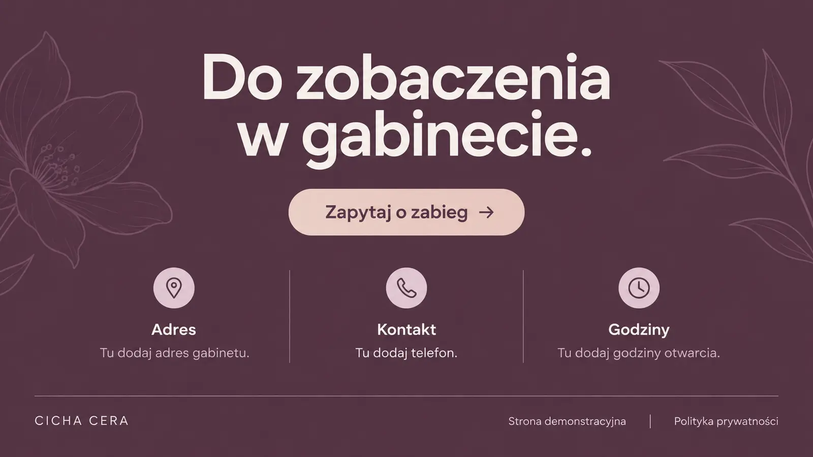 Projekt szablonu Klasyczny dla gabinetu kosmetycznego — sekcja Praktyczne informacje i stopka