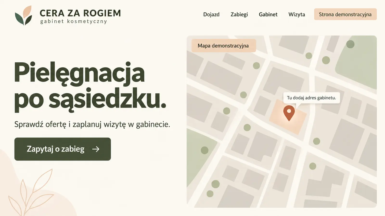 Projekt szablonu Lokalny dla gabinetu kosmetycznego — sekcja Lokalizacja od pierwszego ekranu