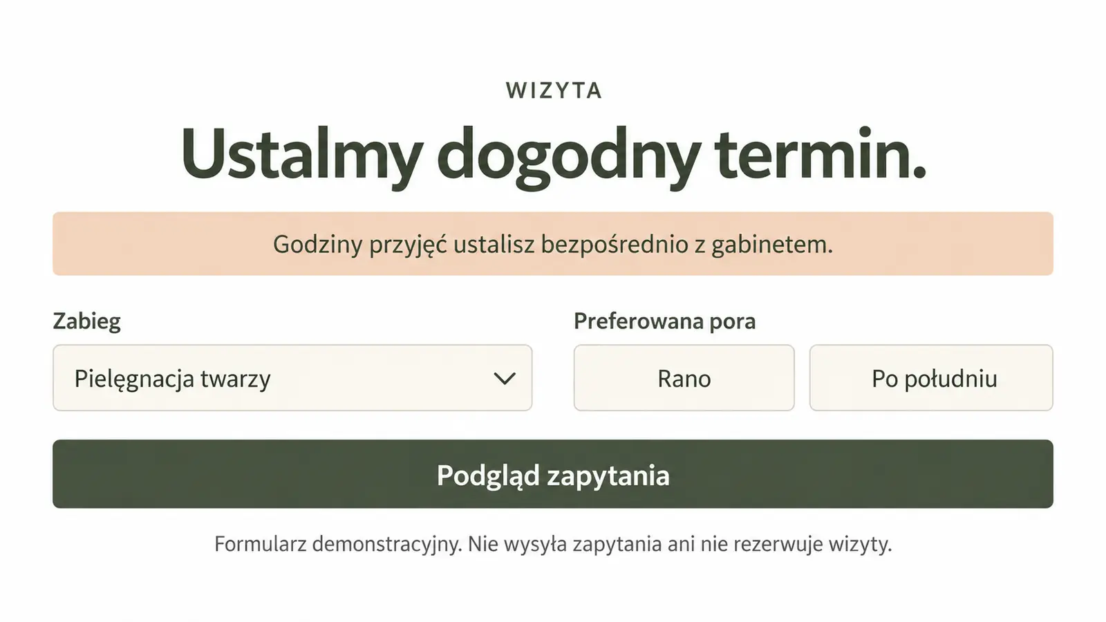 Projekt szablonu Lokalny dla gabinetu kosmetycznego — sekcja Zapytanie o wizytę