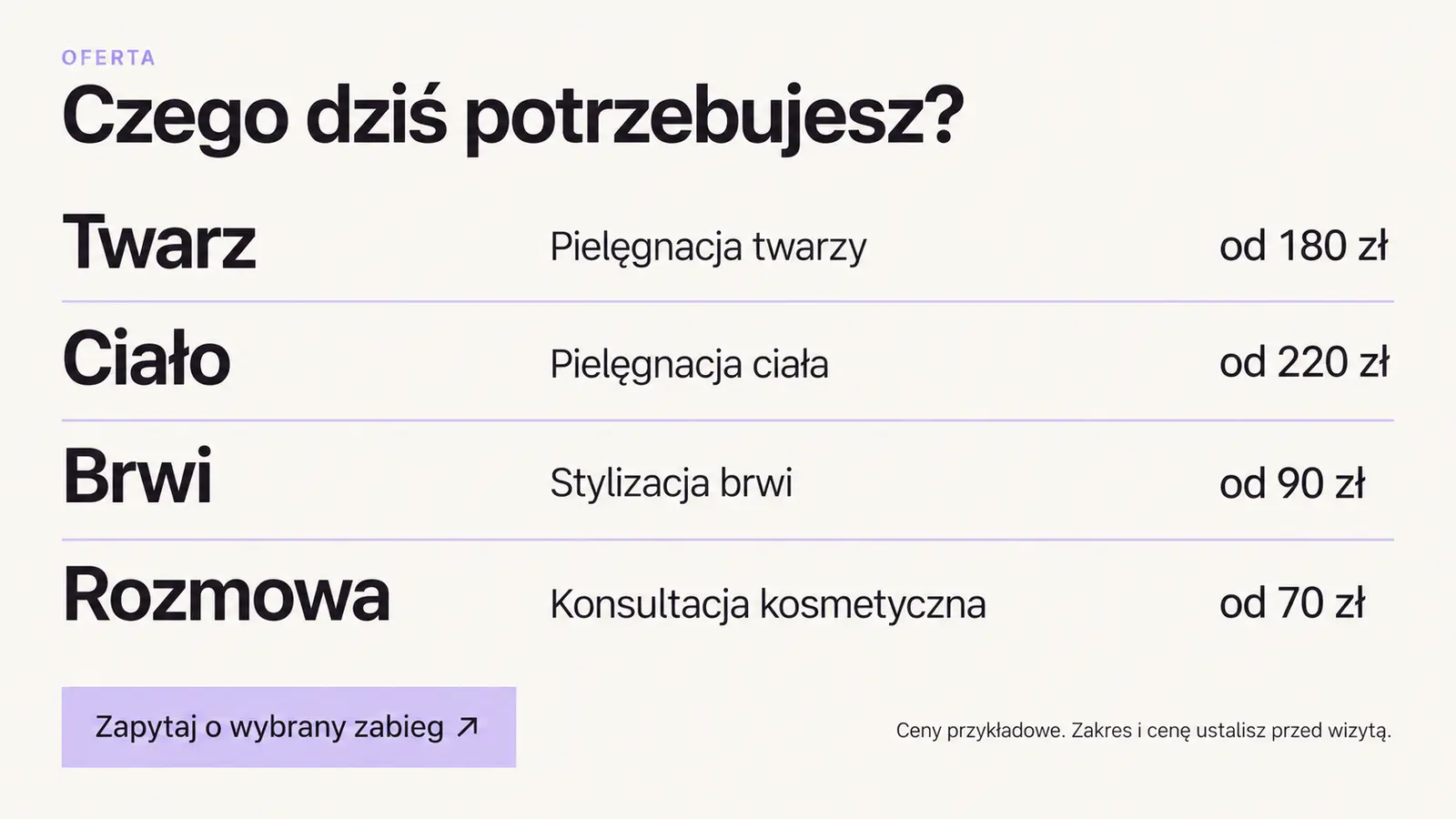 Projekt szablonu Nowoczesny dla gabinetu kosmetycznego — sekcja Oferta i ceny
