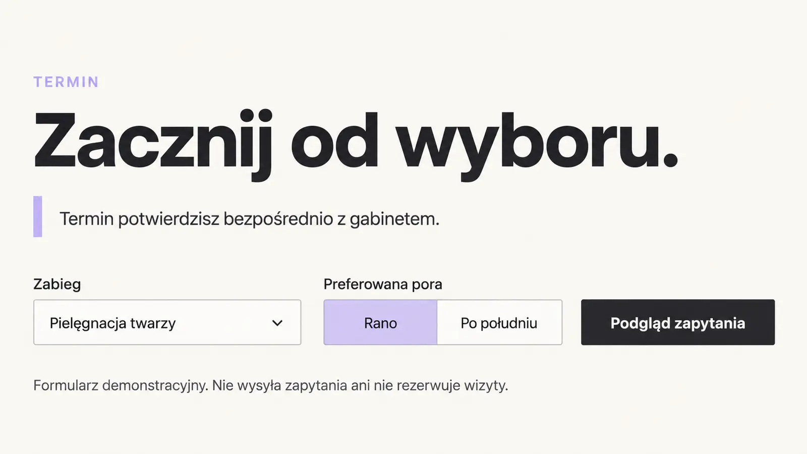 Projekt szablonu Nowoczesny dla gabinetu kosmetycznego — sekcja Wybór terminu
