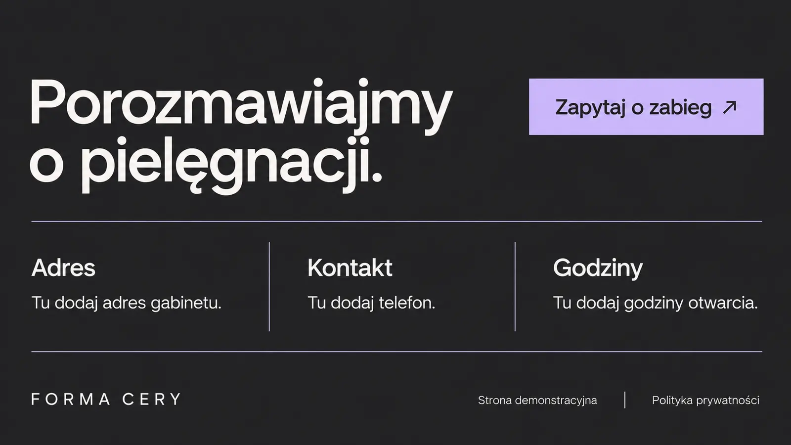 Projekt szablonu Nowoczesny dla gabinetu kosmetycznego — sekcja Kontakt i stopka