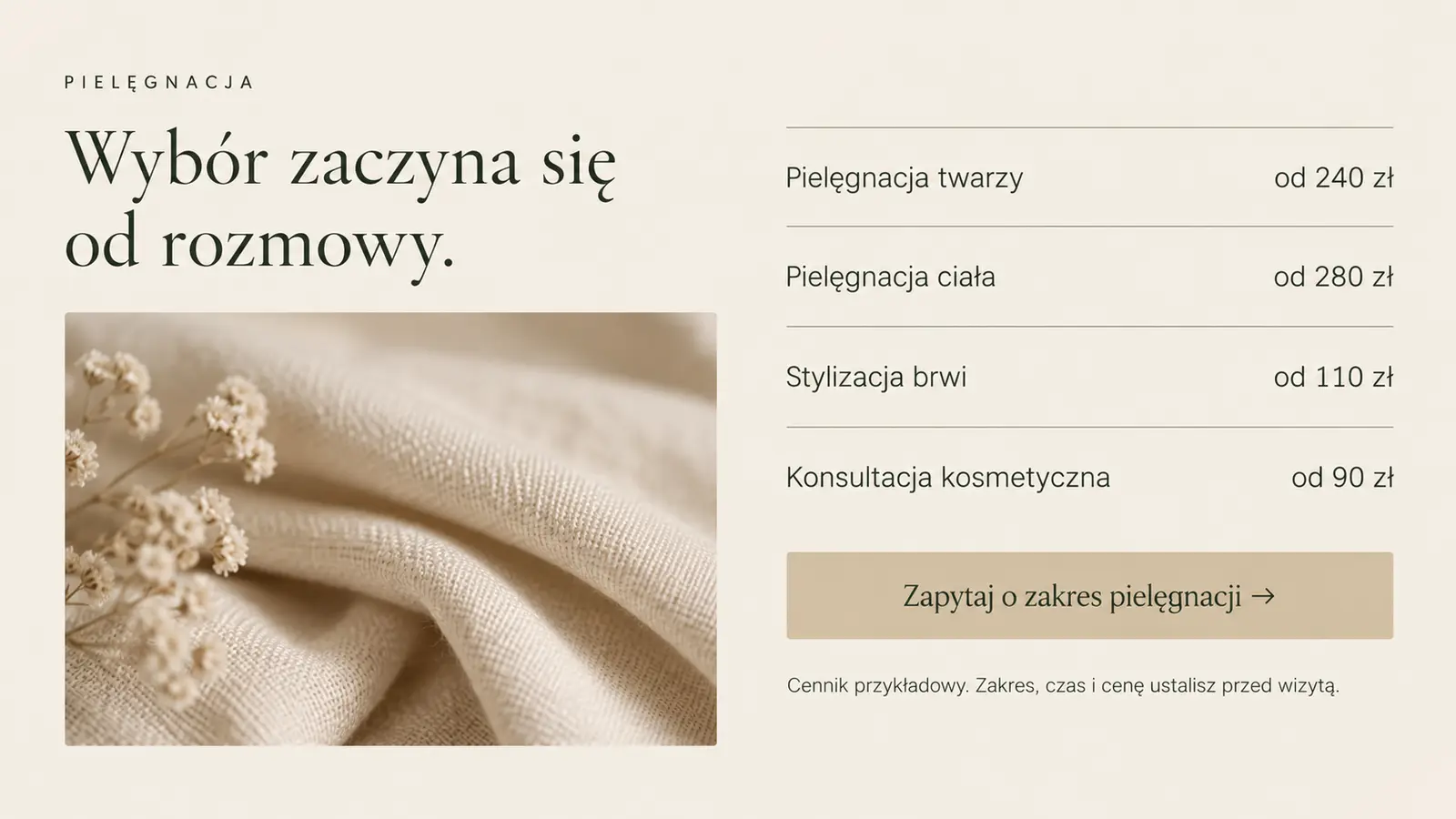 Projekt szablonu Premium dla gabinetu kosmetycznego — sekcja Oferta i cennik