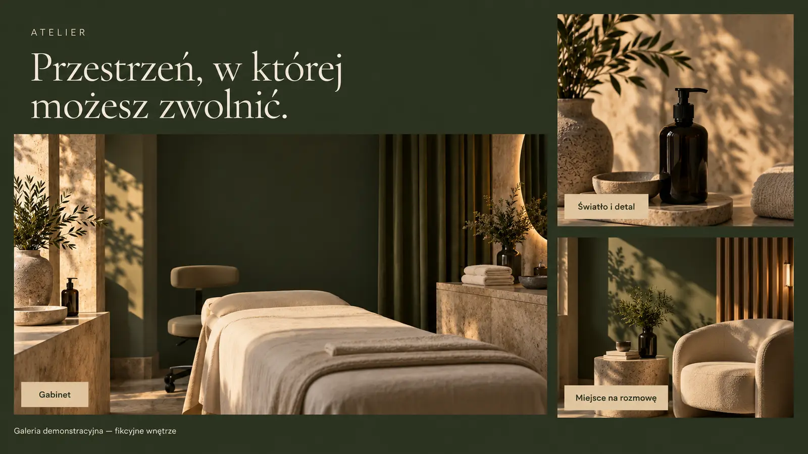 Projekt szablonu Premium dla gabinetu kosmetycznego — sekcja Galeria atelier
