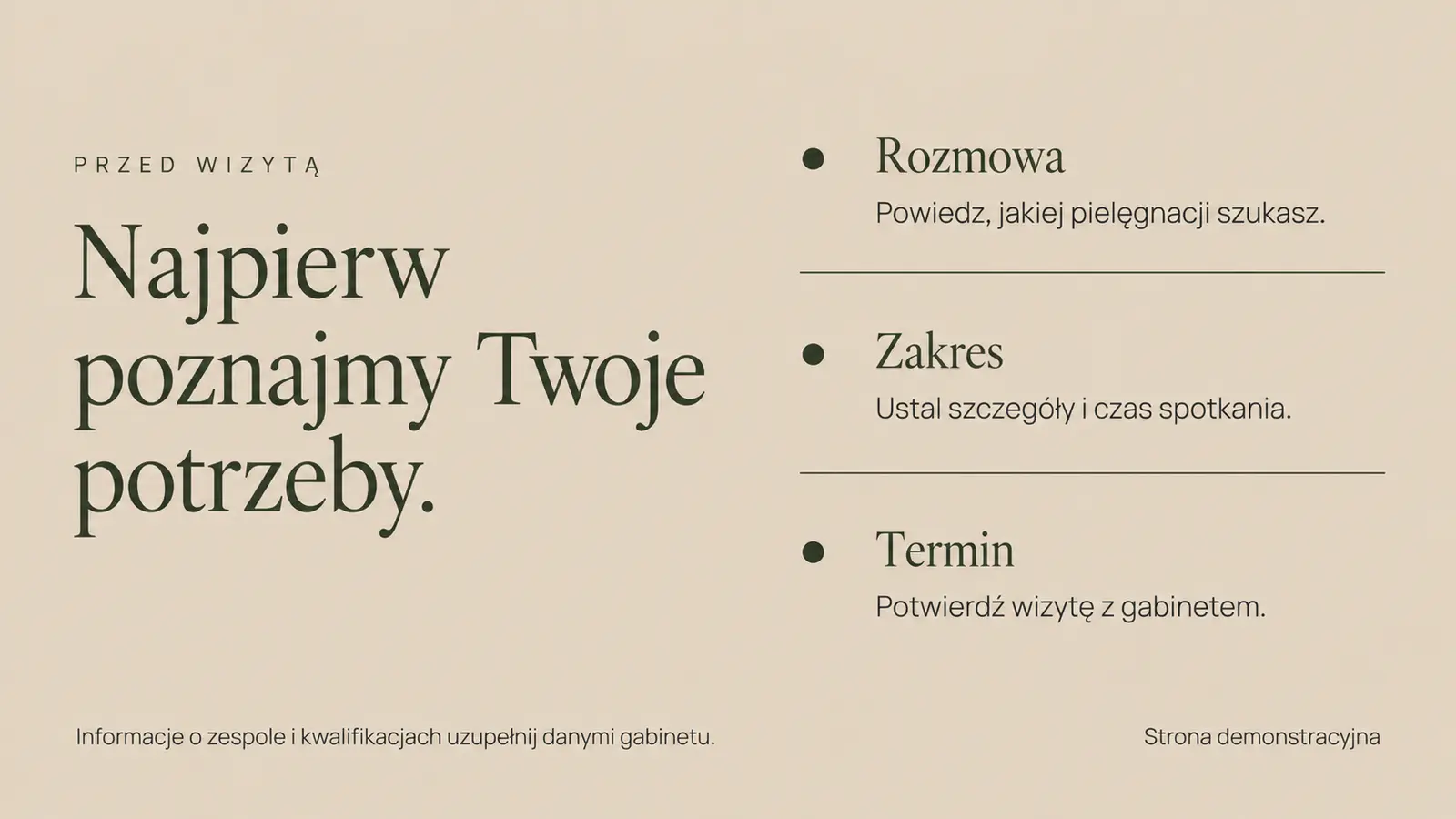 Projekt szablonu Premium dla gabinetu kosmetycznego — sekcja Ustalenia przed wizytą