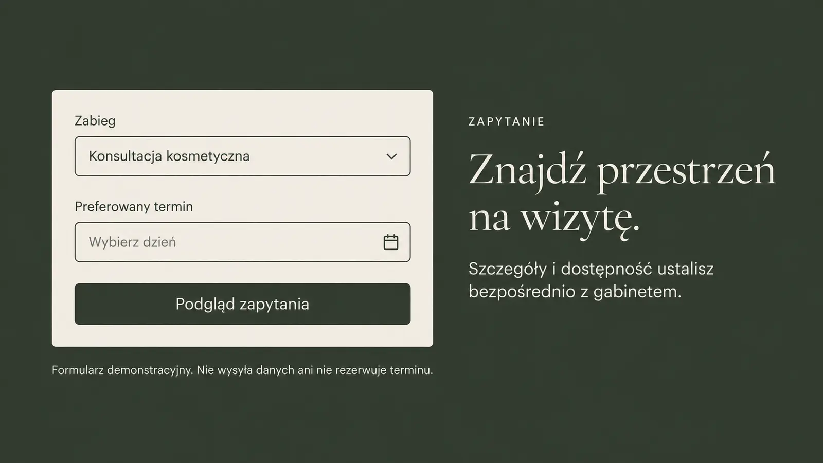 Projekt szablonu Premium dla gabinetu kosmetycznego — sekcja Zapytanie o wizytę