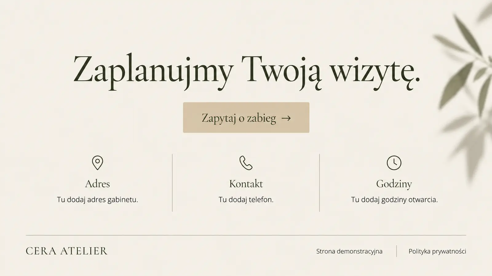 Projekt szablonu Premium dla gabinetu kosmetycznego — sekcja Kontakt i informacje praktyczne