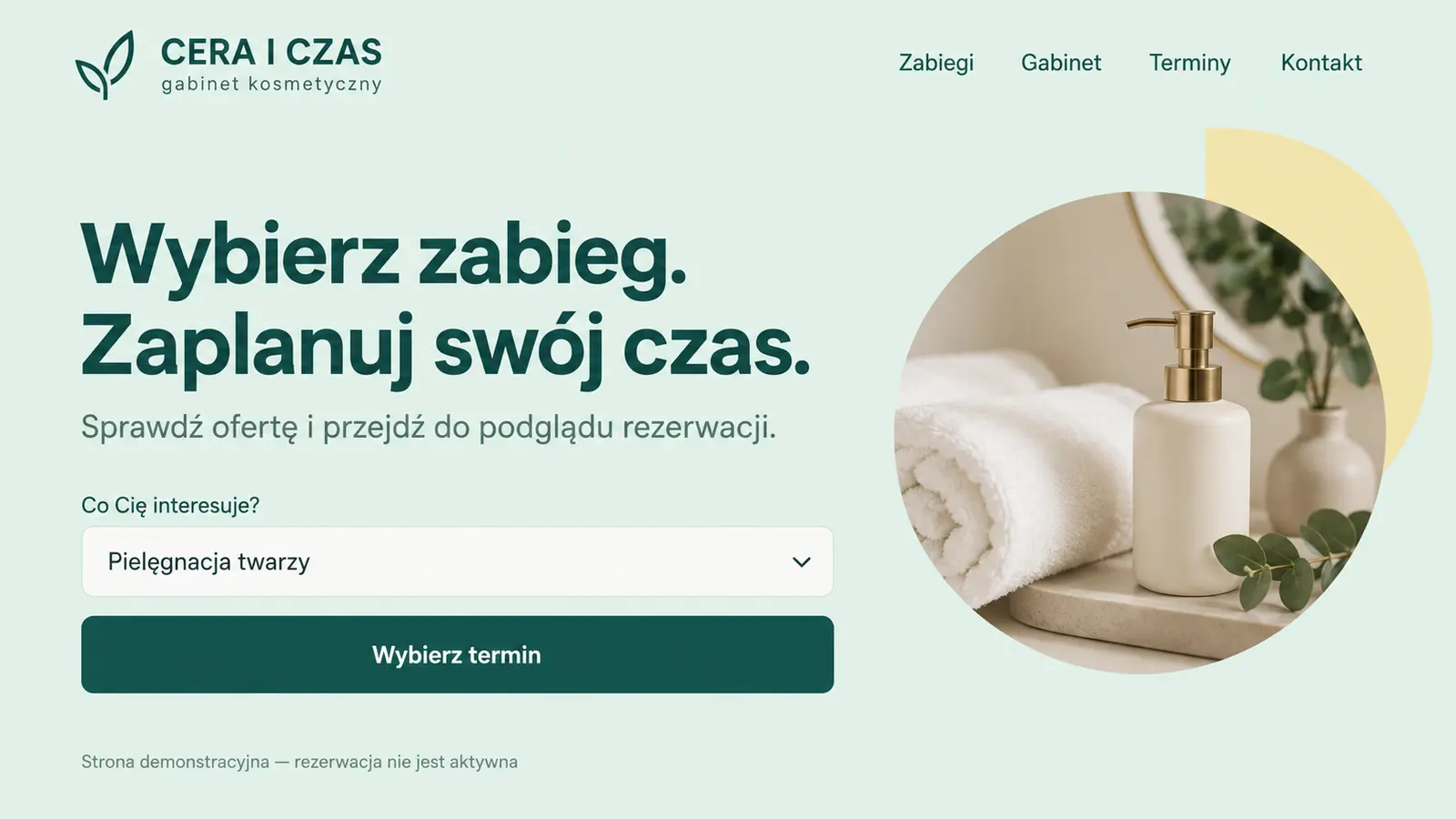 Projekt szablonu Rezerwacje dla gabinetu kosmetycznego — sekcja Wybór usługi od pierwszego ekranu