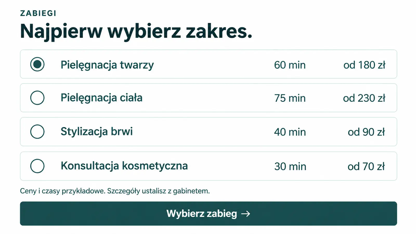 Projekt szablonu Rezerwacje dla gabinetu kosmetycznego — sekcja Lista zabiegów z czasem i ceną