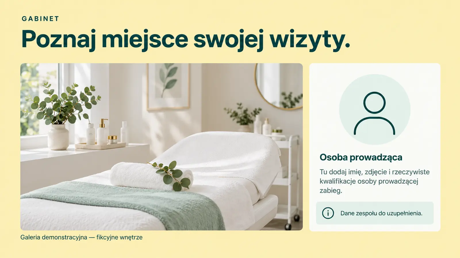 Projekt szablonu Rezerwacje dla gabinetu kosmetycznego — sekcja Gabinet i miejsce na dane zespołu