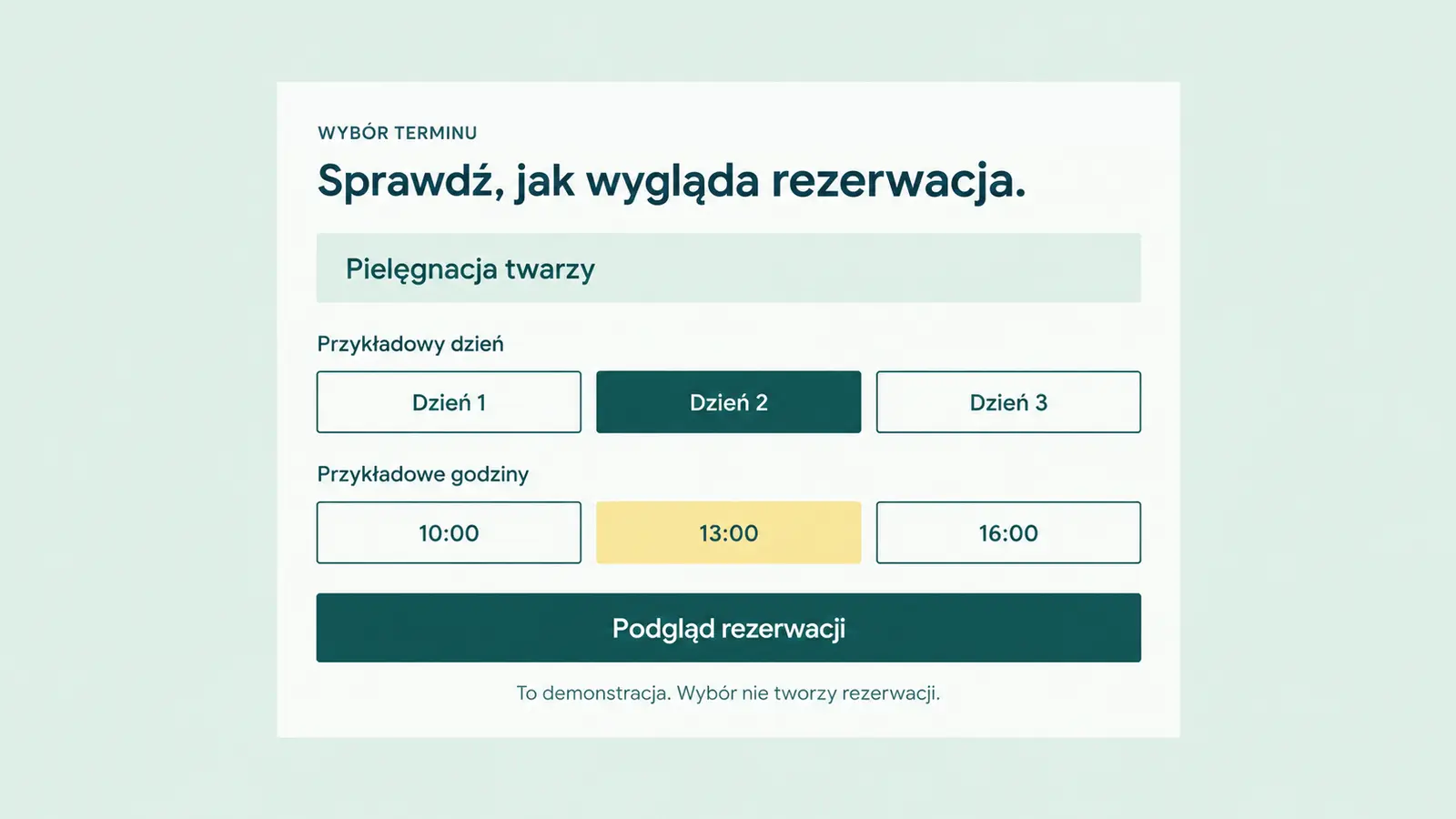 Projekt szablonu Rezerwacje dla gabinetu kosmetycznego — sekcja Wybór terminu