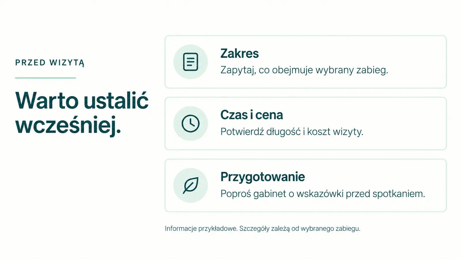 Projekt szablonu Rezerwacje dla gabinetu kosmetycznego — sekcja Informacje przed wizytą