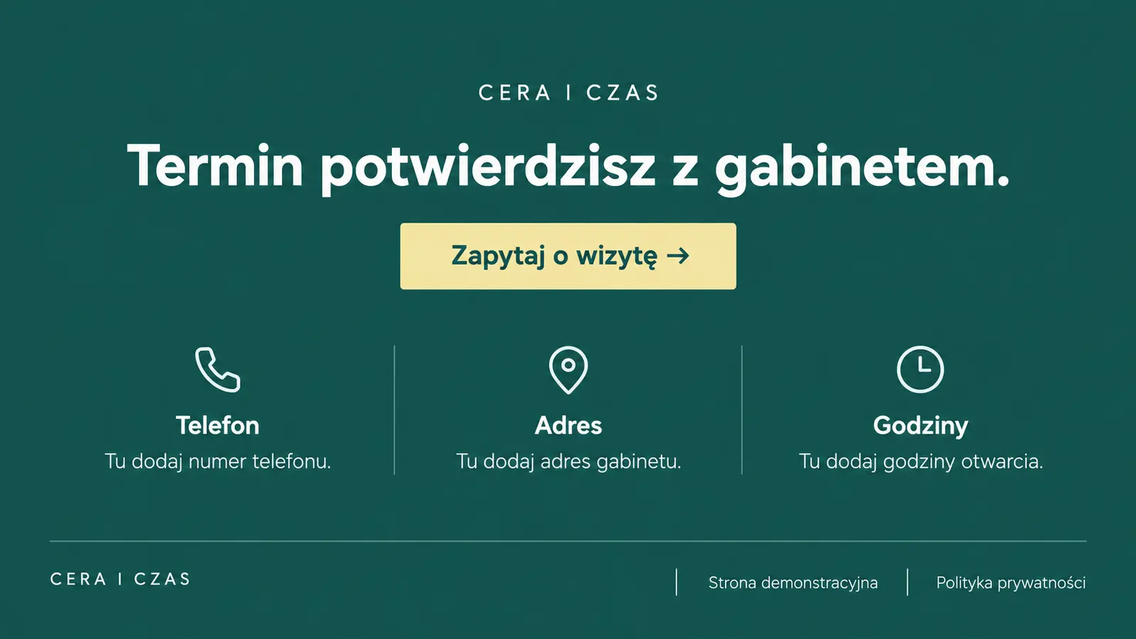Projekt szablonu Rezerwacje dla gabinetu kosmetycznego — sekcja Kontakt i zamknięcie