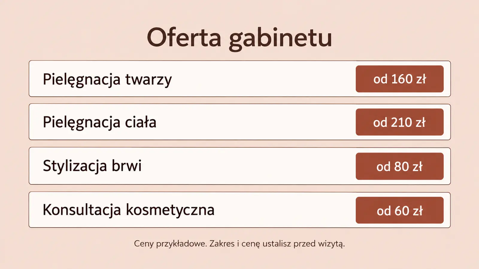 Projekt szablonu Wizytówka dla gabinetu kosmetycznego — sekcja Usługi i ceny