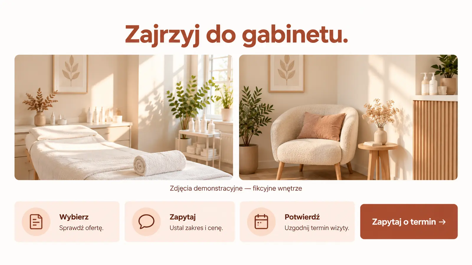 Projekt szablonu Wizytówka dla gabinetu kosmetycznego — sekcja Wizyta i miniaturowa galeria
