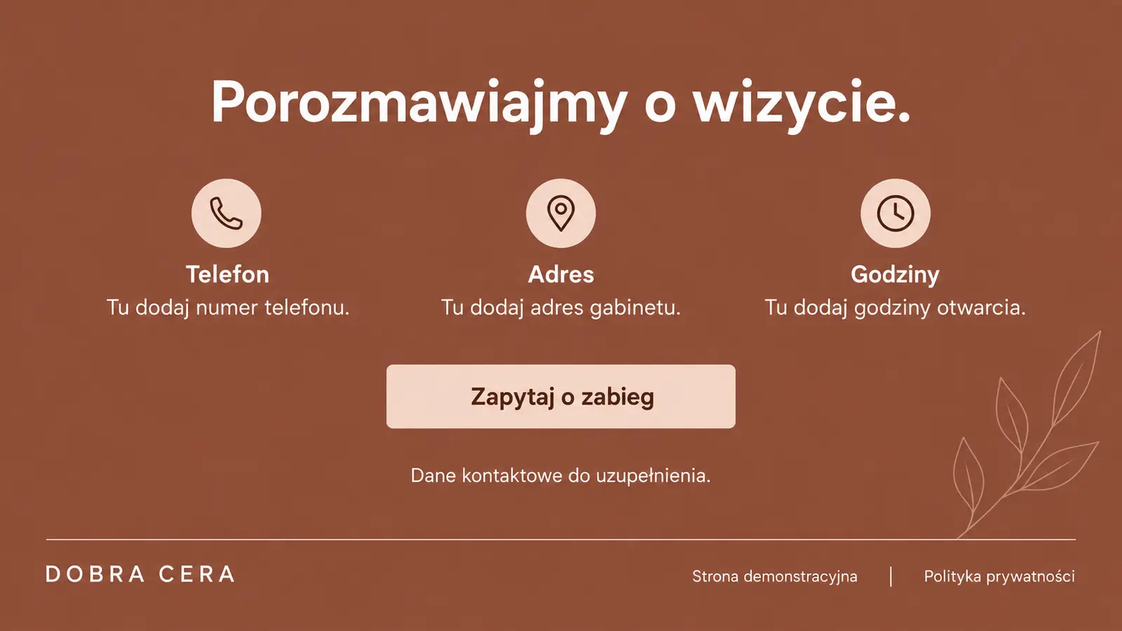 Projekt szablonu Wizytówka dla gabinetu kosmetycznego — sekcja Kontakt i stopka