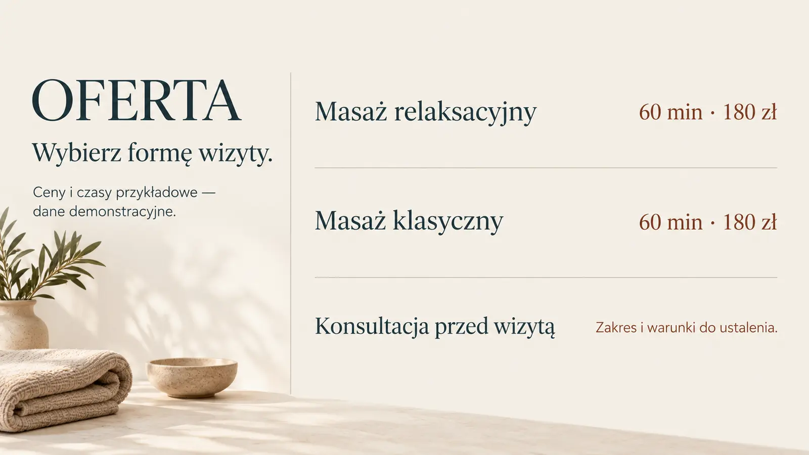 Projekt szablonu Ekspert dla gabinetu masażu — sekcja Zakres i ceny
