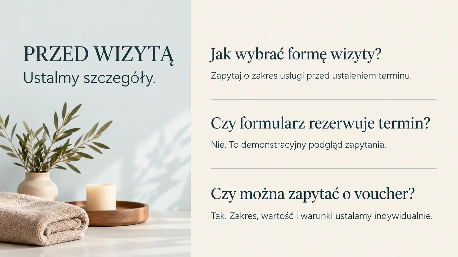 Projekt szablonu Ekspert dla gabinetu masażu — sekcja Pytania organizacyjne