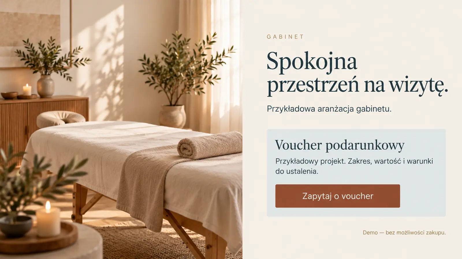 Projekt szablonu Ekspert dla gabinetu masażu — sekcja Gabinet i voucher