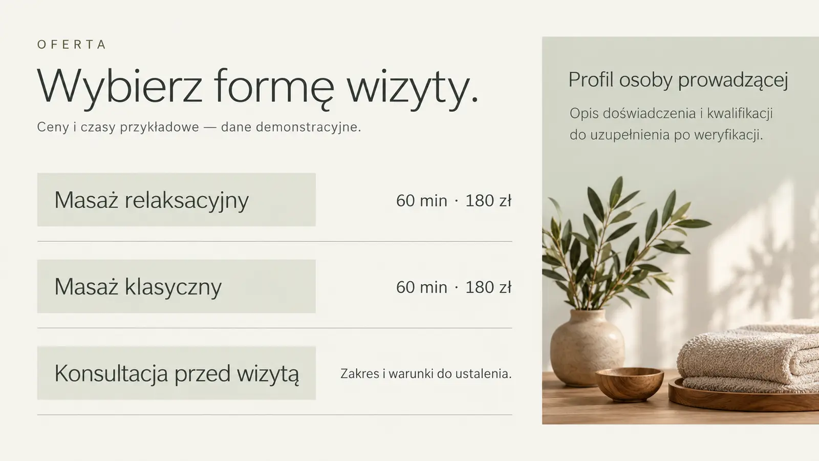 Projekt szablonu Galeria dla gabinetu masażu — sekcja Oferta i profil
