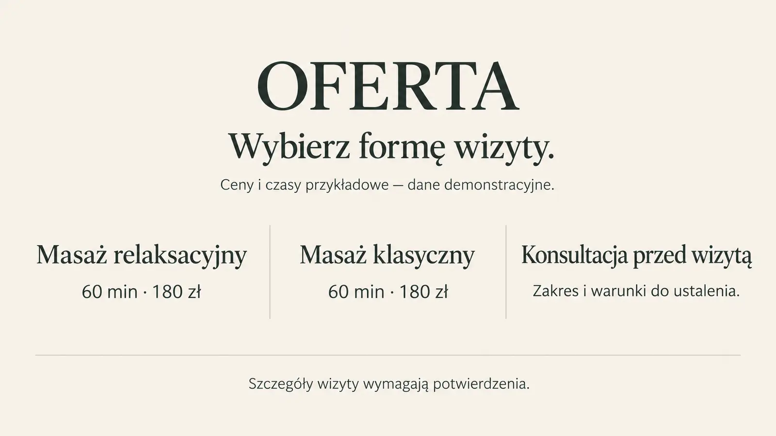 Projekt szablonu Klasyczny dla gabinetu masażu — sekcja Oferta i ceny