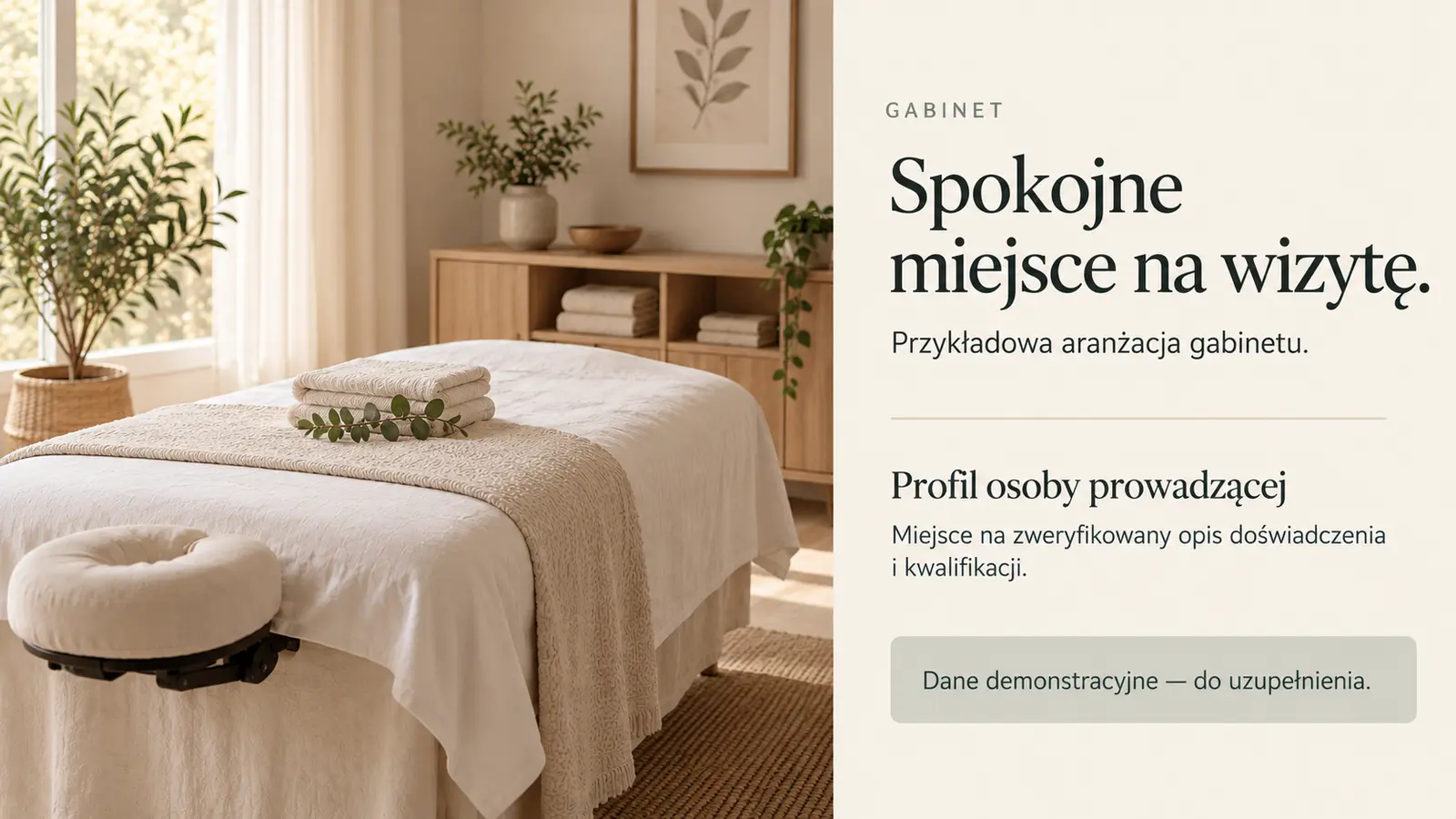 Projekt szablonu Klasyczny dla gabinetu masażu — sekcja Informacje o gabinecie