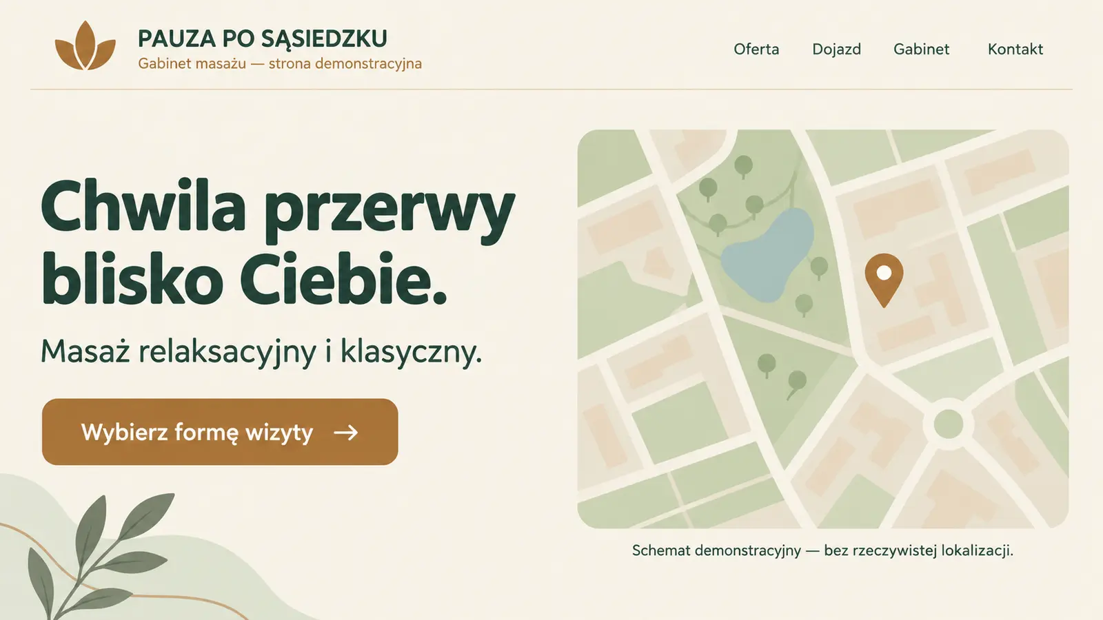 Projekt szablonu Lokalny dla gabinetu masażu — sekcja Gabinet w okolicy