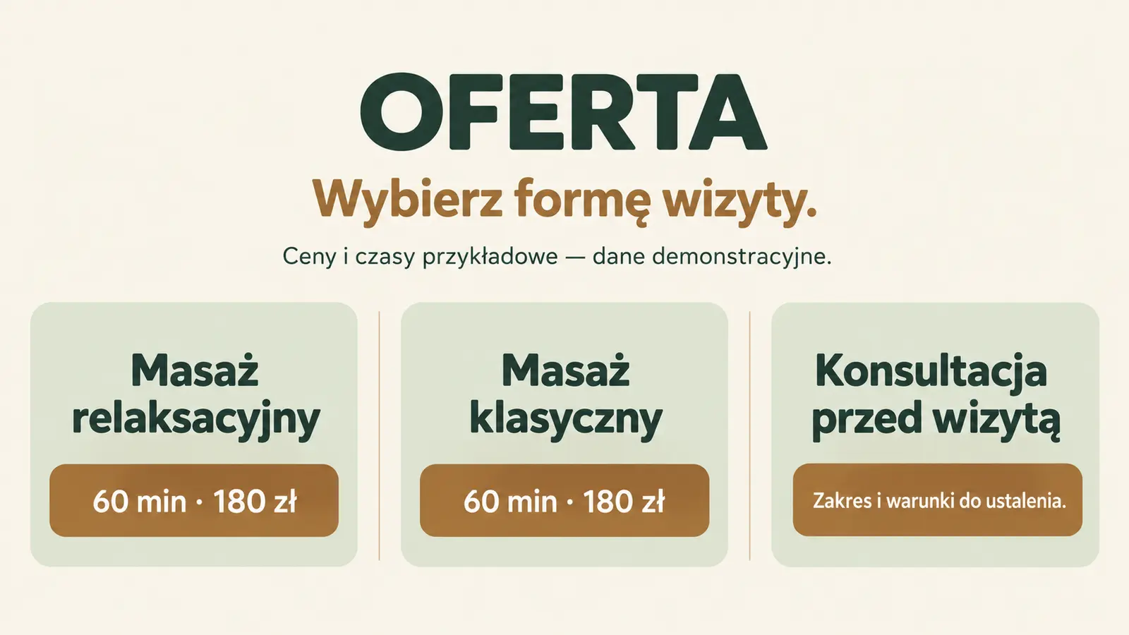 Projekt szablonu Lokalny dla gabinetu masażu — sekcja Oferta lokalnego gabinetu