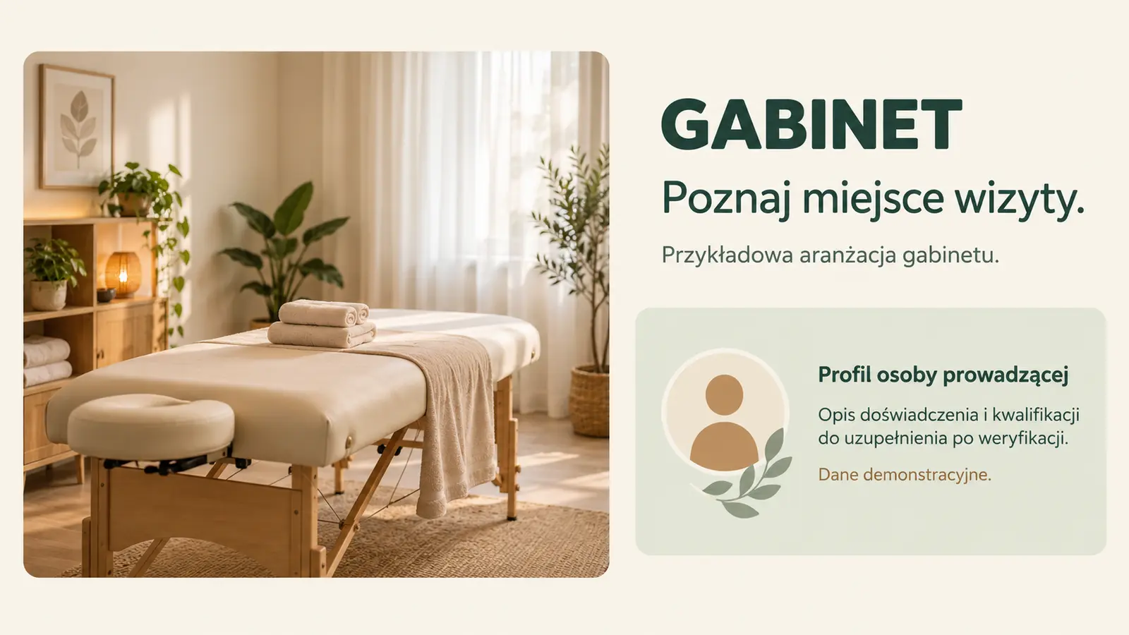 Projekt szablonu Lokalny dla gabinetu masażu — sekcja Wnętrze i profil