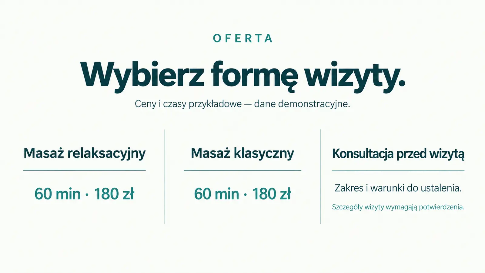 Projekt szablonu Nowoczesny dla gabinetu masażu — sekcja Oferta i ceny