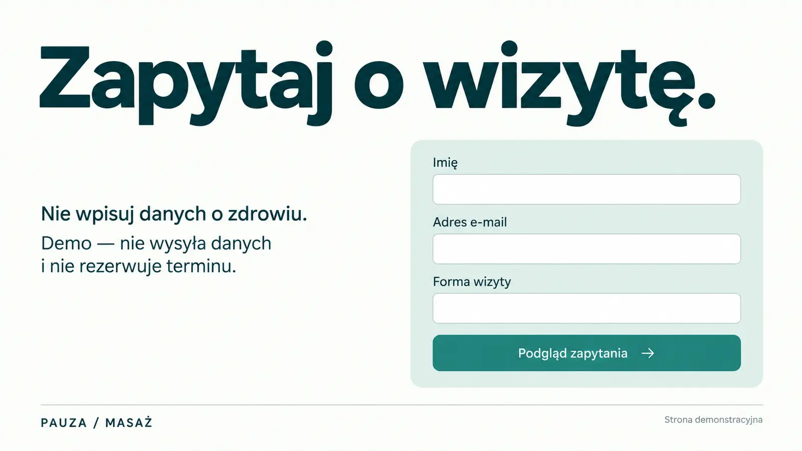 Projekt szablonu Nowoczesny dla gabinetu masażu — sekcja Zapytanie o wizytę
