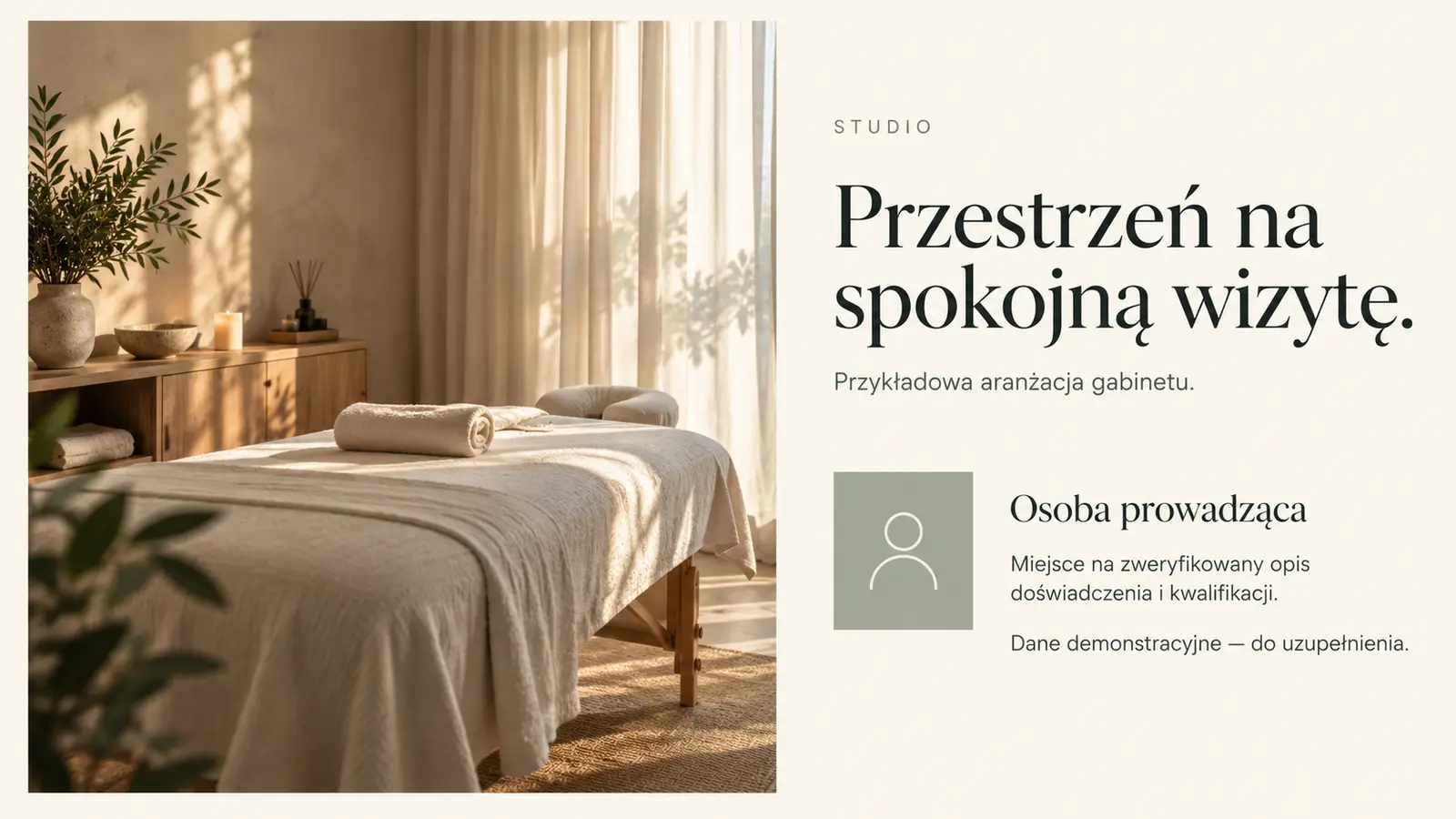 Projekt szablonu Premium dla gabinetu masażu — sekcja Przestrzeń i profil