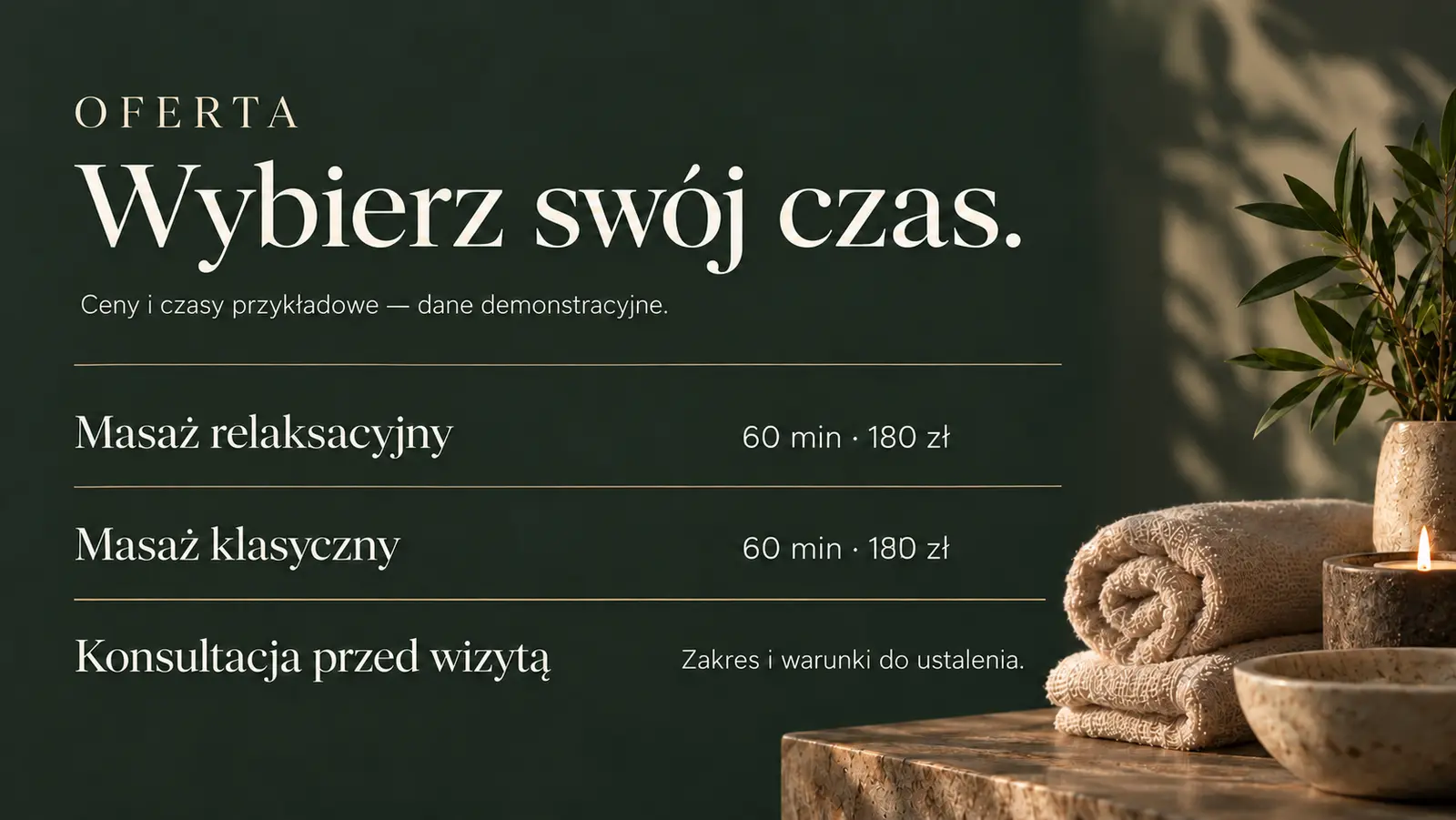 Projekt szablonu Premium dla gabinetu masażu — sekcja Oferta i ceny
