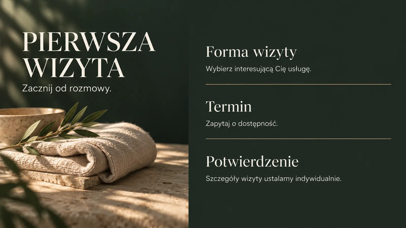 Projekt szablonu Premium dla gabinetu masażu — sekcja Ustalenie wizyty