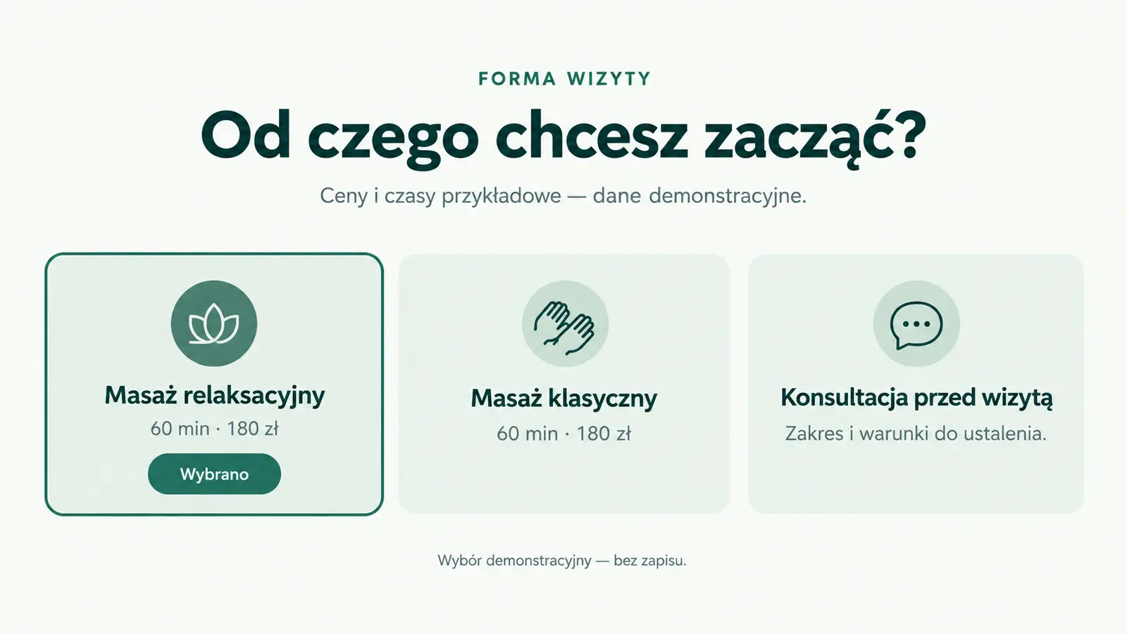 Projekt szablonu Rezerwacje dla gabinetu masażu — sekcja Wybór usługi