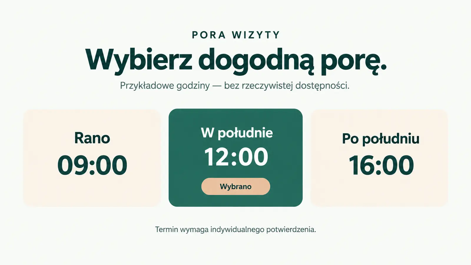 Projekt szablonu Rezerwacje dla gabinetu masażu — sekcja Pora