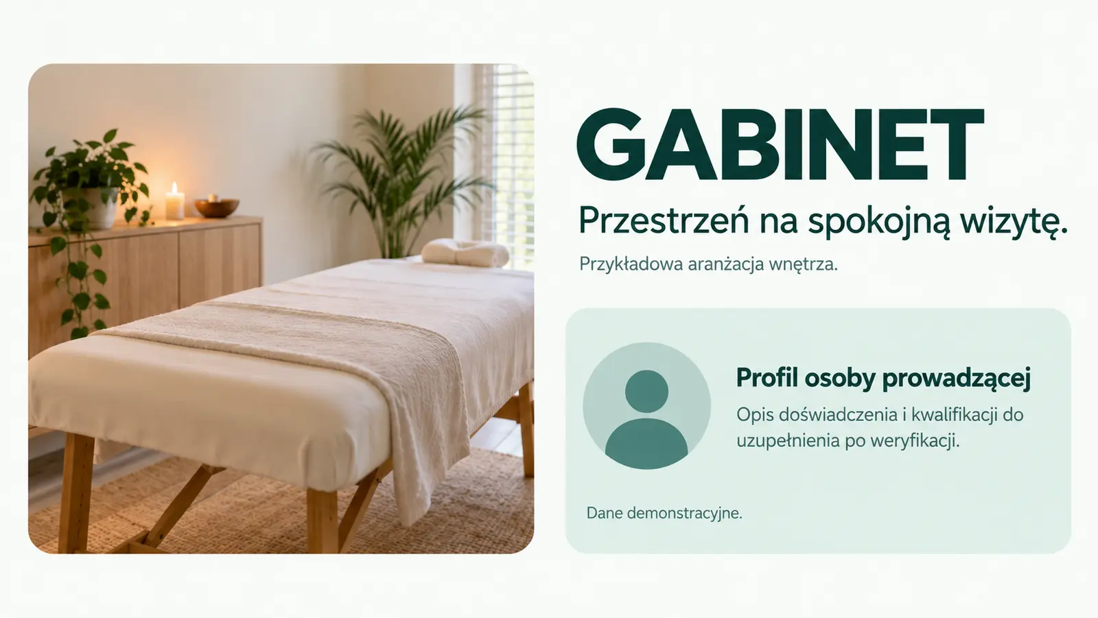 Projekt szablonu Rezerwacje dla gabinetu masażu — sekcja Gabinet i osoba prowadząca