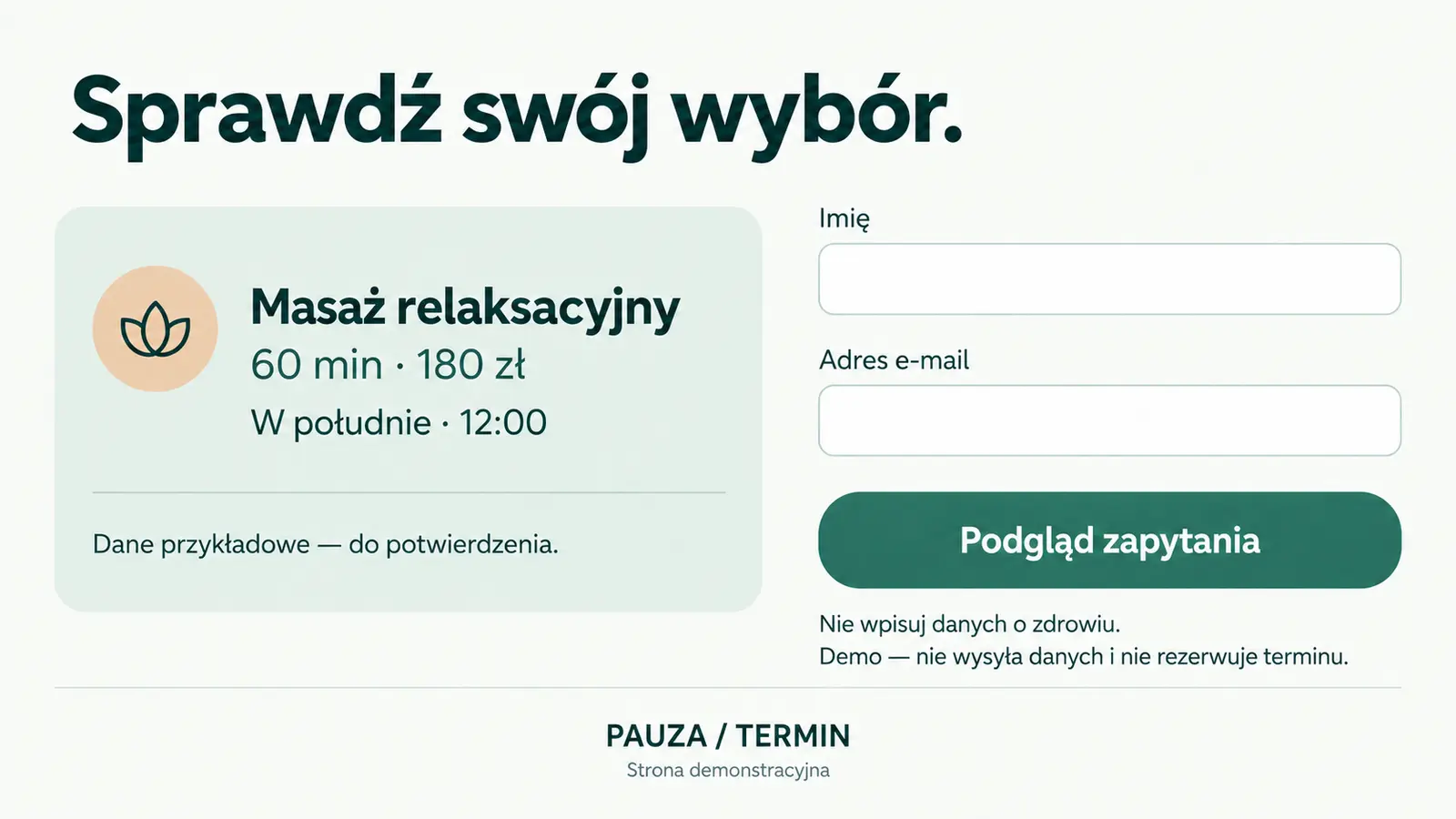 Projekt szablonu Rezerwacje dla gabinetu masażu — sekcja Podsumowanie