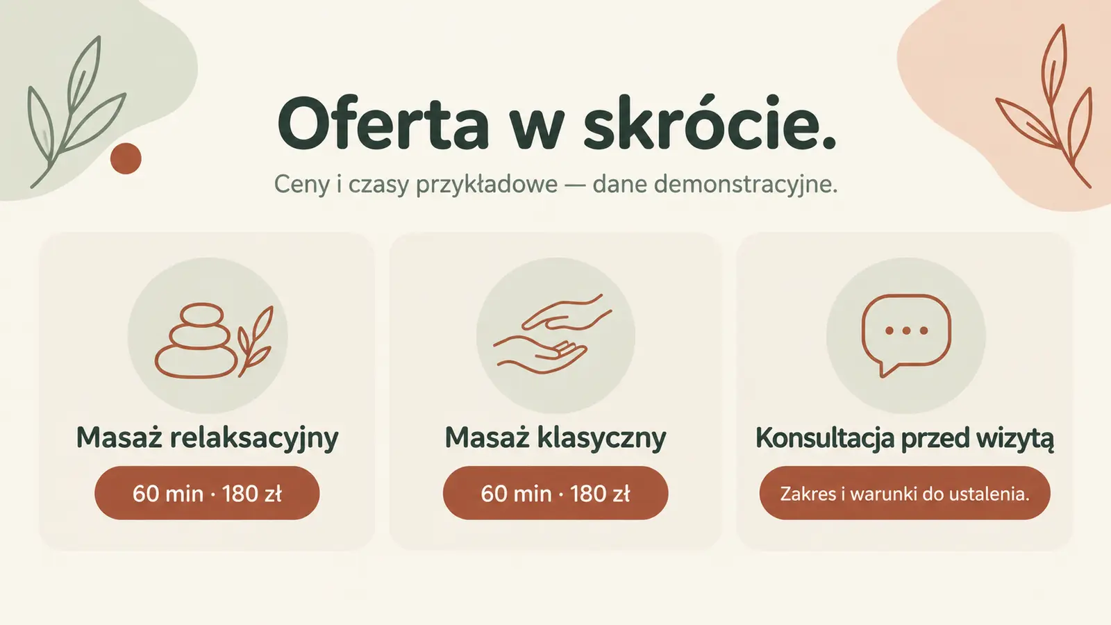 Projekt szablonu Wizytówka dla gabinetu masażu — sekcja Oferta w skrócie