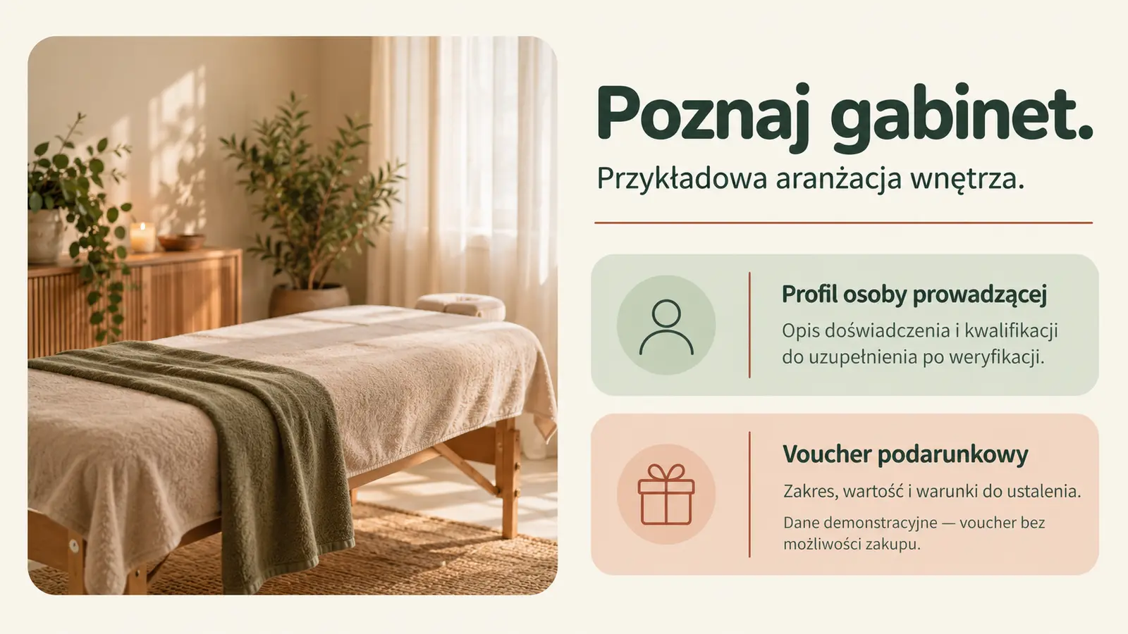 Projekt szablonu Wizytówka dla gabinetu masażu — sekcja Gabinet i voucher
