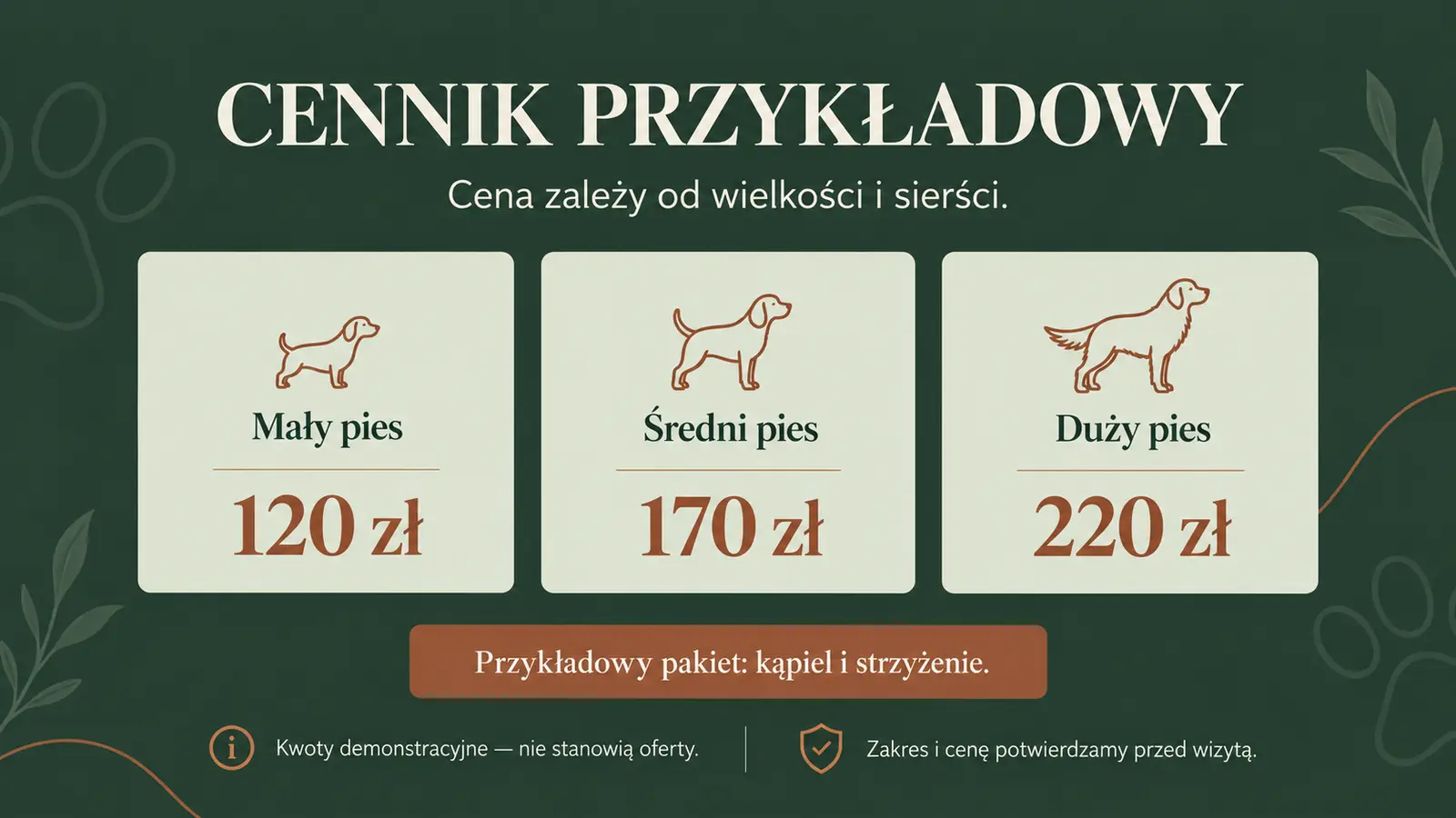 Projekt szablonu Klasyczny dla groomera — sekcja Cennik