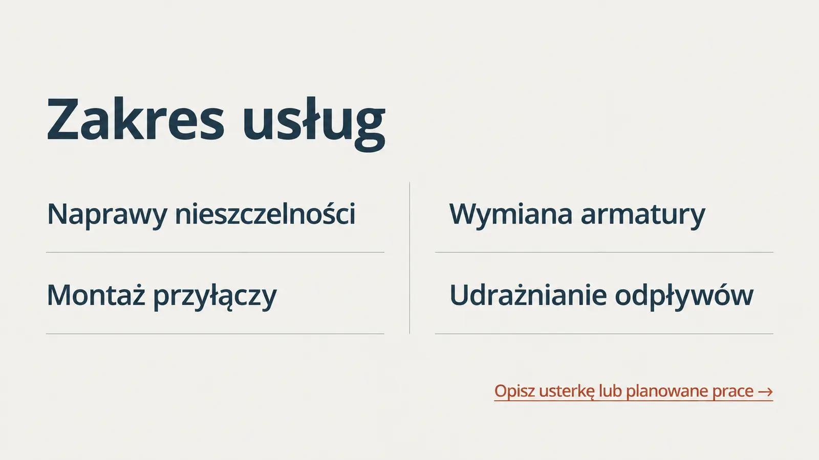 Projekt szablonu Galeria dla hydraulika — sekcja Zakres usług