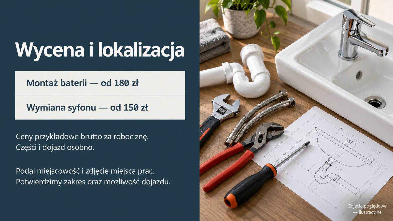 Projekt szablonu Galeria dla hydraulika — sekcja Wycena i lokalizacja