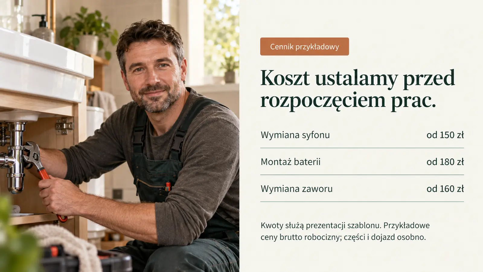 Projekt szablonu Klasyczny dla hydraulika — sekcja Ceny