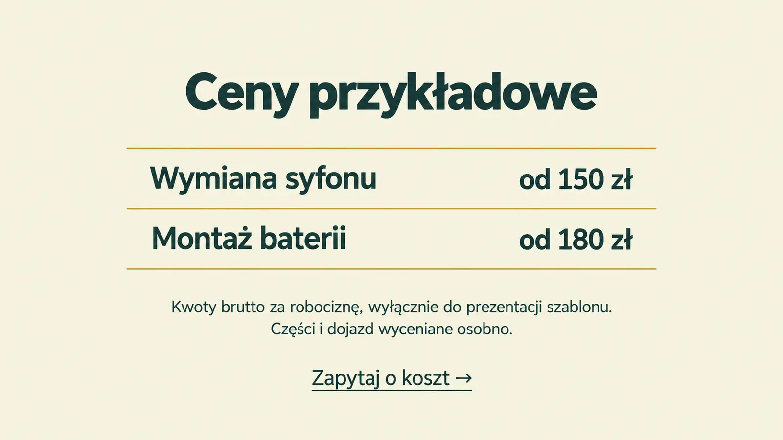 Projekt szablonu Lokalny dla hydraulika — sekcja Ceny
