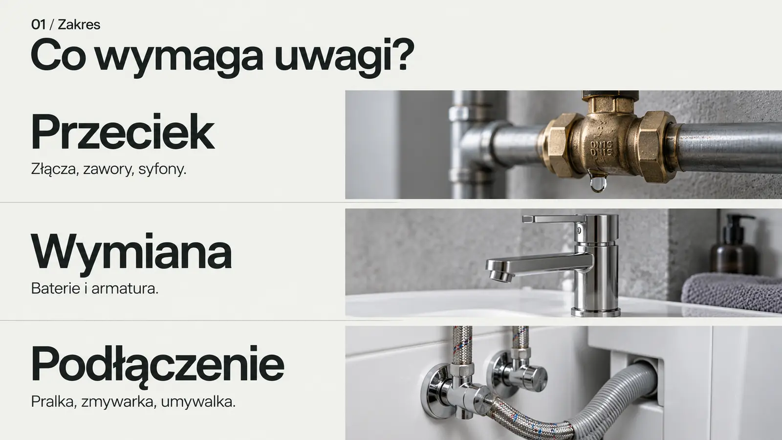 Projekt szablonu Nowoczesny dla hydraulika — sekcja Rodzaje prac