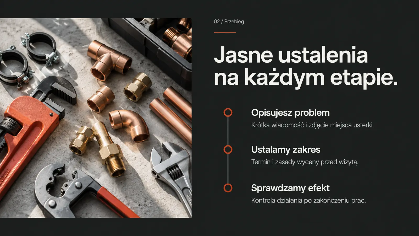 Projekt szablonu Nowoczesny dla hydraulika — sekcja Od zgłoszenia do naprawy