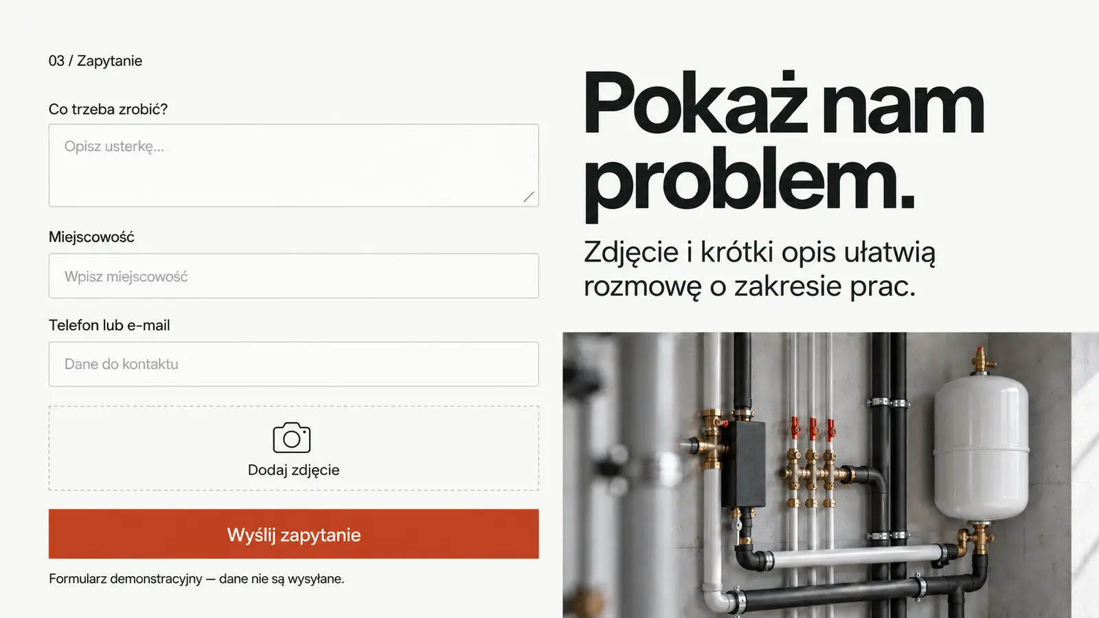 Projekt szablonu Nowoczesny dla hydraulika — sekcja Zapytanie o wycenę