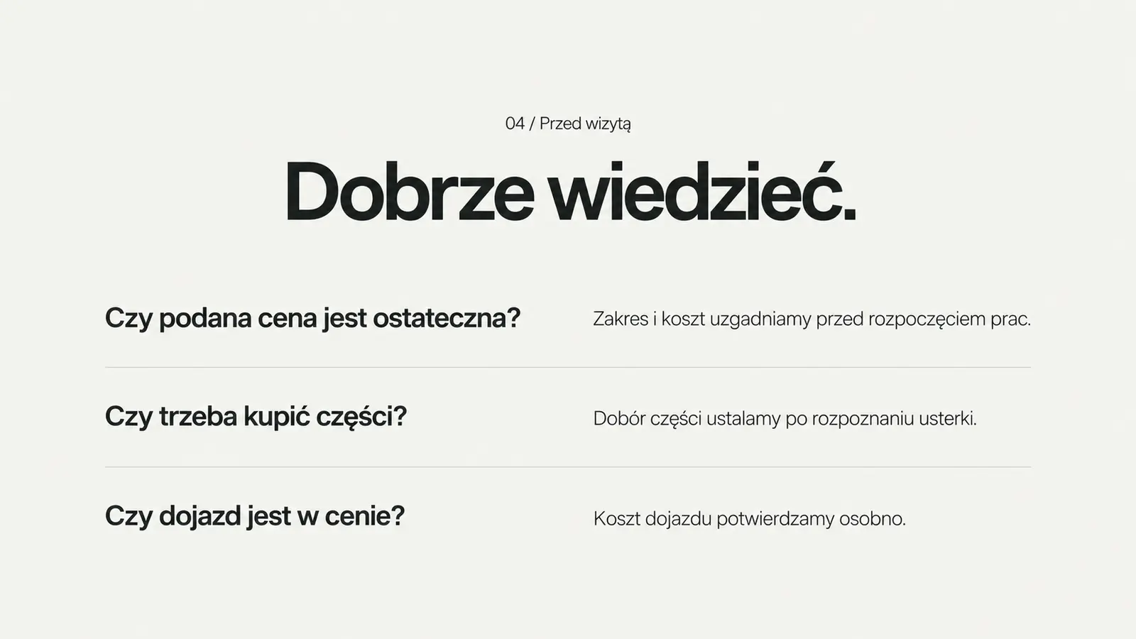 Projekt szablonu Nowoczesny dla hydraulika — sekcja Pytania przed wizytą